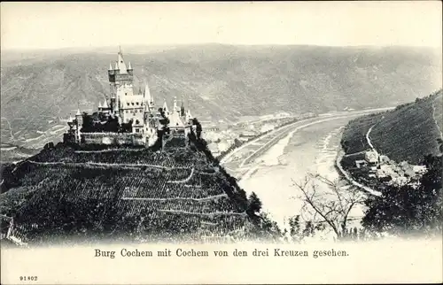 Ak Cochem an der Mosel, Panorama mit Burg Cochem von den 3 Kreuzen gesehen