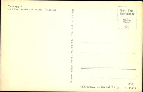 Ak Neuruppin in Brandenburg, Karl Marx Straße und Schinkel Denkmal