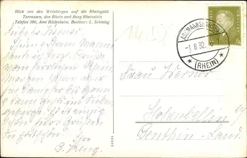 Ak Assmannshausen Rüdesheim am Rhein, Rheingoldterrassen, Burg Rheinstein