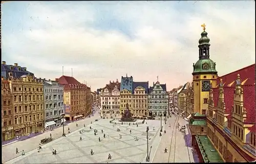 Ak Leipzig, Marktplatz mit altem Rathaus und Geschäften