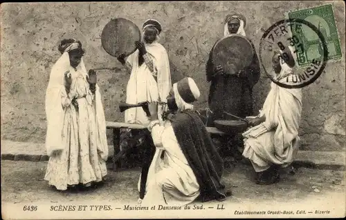 Ak Scenes et Types, Musiciens et Danseuse du Sud, Maghreb