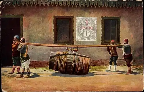 Ak Männer tragen ein großes Fass, Maghreb, Wohnhaus