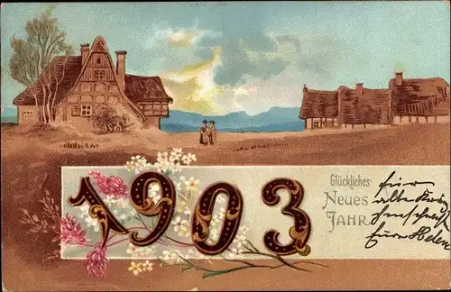 Litho Glückwunsch Neujahr 1903, Dorfpartie