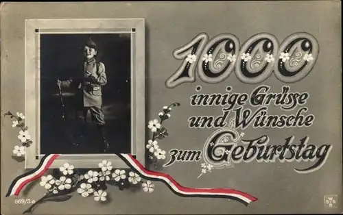 Ak Glückwunsch Geburtstag, Kind in Uniform, Blumen, Fahne