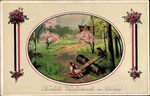 Präge Passepartout Ak Glückwunsch Geburtstag, Kinder beim Wippen, Blumen, Fahne