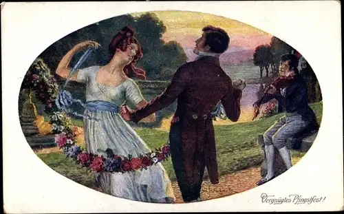 Künstler Ak Glückwunsch Pfingsten, Liebespaar, Mann Geige spielend