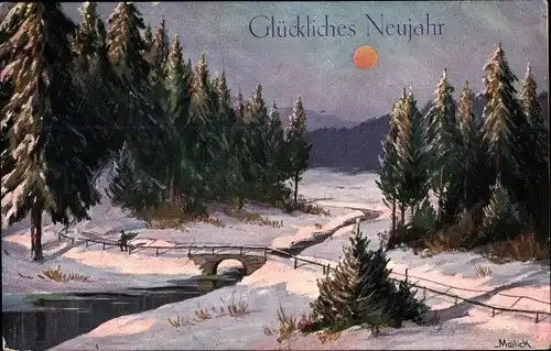 Künstler Ak Mailick, Glückwunsch Neujahr, Winter, Bach