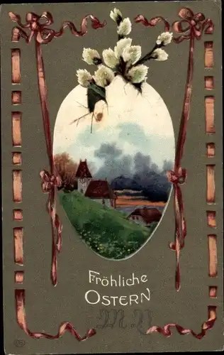 Präge Ak Glückwunsch Ostern, Weidenkätzchen im Osterei, Schleifen, Dorfpartie