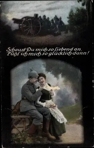Ak Soldat mit geliebter Frau, Geschütz, Schaust du mich so liebend an...