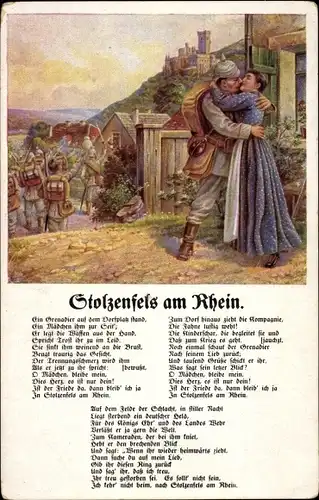Ak Soldat mit Frau, Abschied, Stolzenfels am Rhein, Ein Grenadier auf dem Dorfplatz stand...
