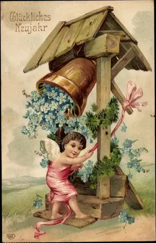 Präge Ak Glückwunsch Neujahr, Engel läutet Glocke, Vergissmeinnicht