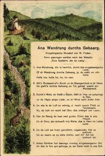 Liedkarten Ak Ficker, W., Ana Wandrung durchs Gebaarg, Wanderer