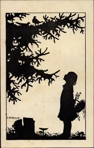 Scherenschnitt Künstler Ak Carus, Mädchen unter einem Baum, Vogelnest