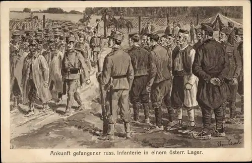 Künstler Ak Ankunft gefangener russischer Infanterie in einem österreichischen Lager