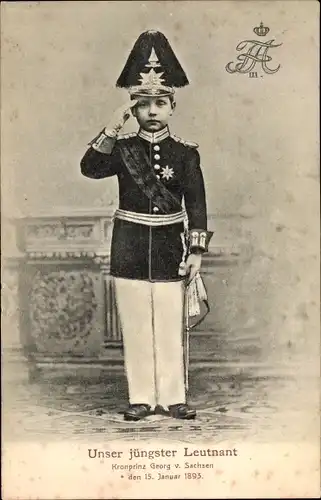 Ak Kronprinz Georg von Sachsen, Kinderportrait in Uniform, Jüngster Leutnant