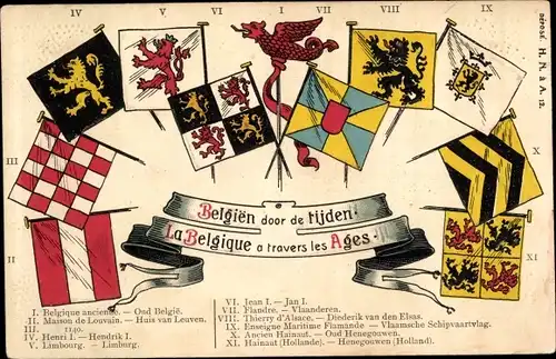 Präge Wappen Ak Belgien door de tijden, verschiedene belgische Fahnen