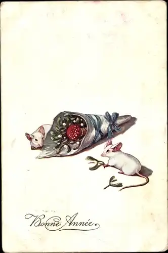 Ak Glückwunsch Neujahr, Zwei weiße Mäuse, Papiertüte mit Misteln