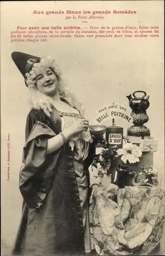 Ak Editions Bergeret, Aux grands Maux les grands Remèdes par la Petite Albertine, Belle poitrine