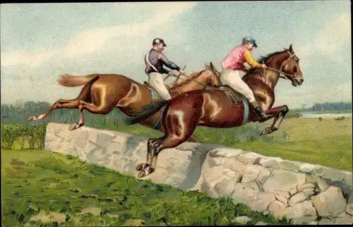 Präge Litho Zwei Springreiter im Sprung über eine Mauer