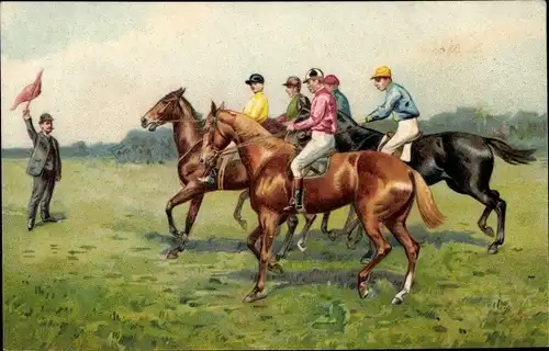Präge Litho Jockeys auf ihren Pferden kurz vor dem Start eines Rennens