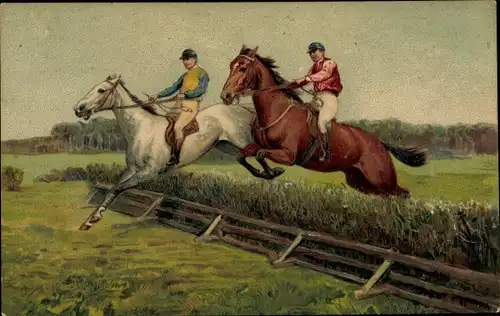 Präge Litho Geländeritt, Sprung über Hindernis