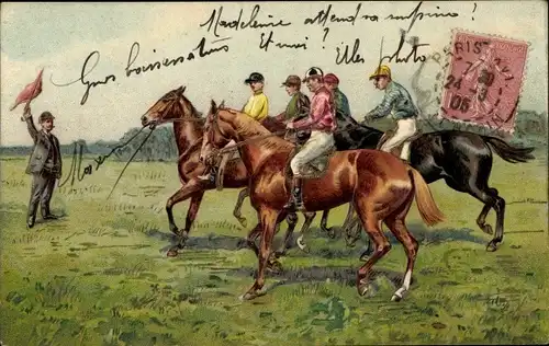 Präge Litho Jockeys auf ihren Pferden kurz vor dem Start eines Rennens