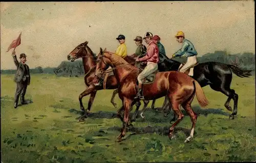 Präge Litho Jockeys auf ihren Pferden kurz vor dem Start eines Rennens