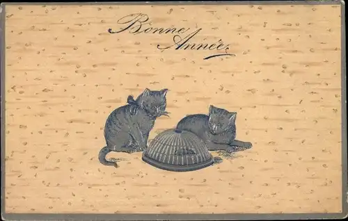 Präge Ak Bonne Année, Glückwunsch Neujahr, Zwei Katzen, Maus in einem Käfig