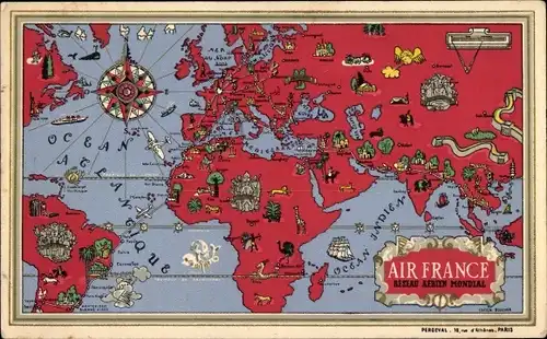 Landkarten Ak Air France, Reseau Aerien Mondial, Weltkarte, Sehenswürdigkeiten