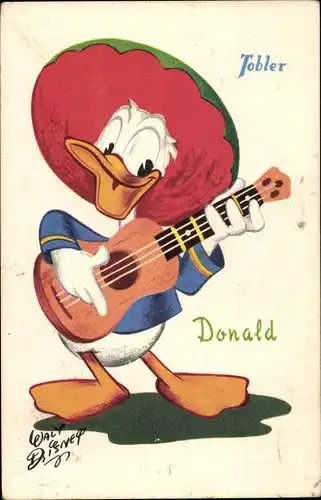 Künstler Ak Walt Disney, Donald Duck, Gitarre, Sombrero, Reklame, Tobler Schokolade