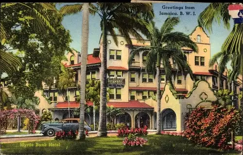 Ak Jamaika, Myrtle Bank Hotel, exterior view, palm trees, car, flowers