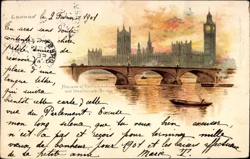 Künstler Ak Westminster London City, Houses of Parliament and Westminster Bridge