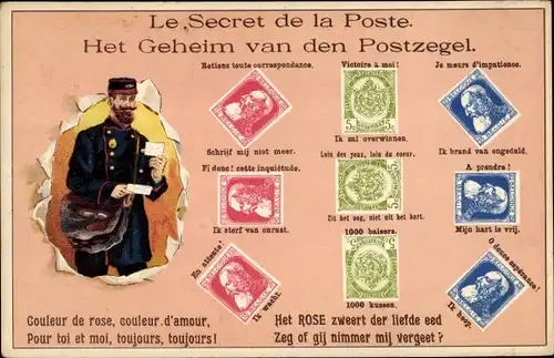 Ak Le Secret de la Poste, Het Geheim van den Postzegel, Briefmarkensprache
