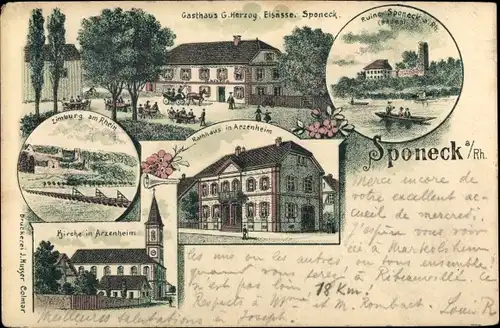 Litho Jechtingen Sasbach am Rhein, Burg Sponeck, Gasthaus G. Herzog, Limburg, Rathaus Arzenheim