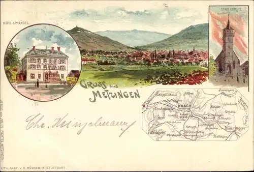 Litho Metzingen in Württemberg, Panorama, Stadtkirche, Hotel Sprandel, Landkarte