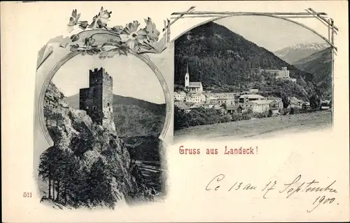 Jugendstil Ak Landeck in Tirol, Blick auf den Ort und eine Burgruine, Berge