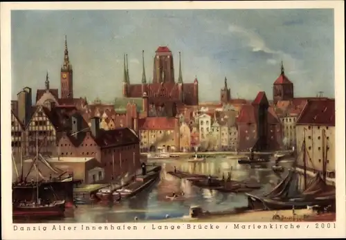 Künstler Ak Paetsch, Bruno, Gdańsk Danzig, Alter Innenhafen, Lange Brücke, Marienkirche