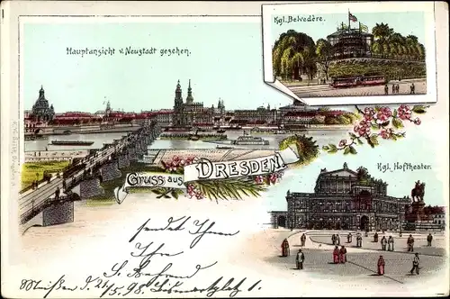 Litho Dresden, Hauptansicht v. Neustadt aus, Kgl. Belvedere, Kgl. Hoftheater