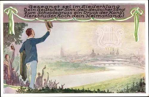 Künstler Ak Dresden, 1. Sächsisches Sängerbundesfest 1925, Blick zur Stadt