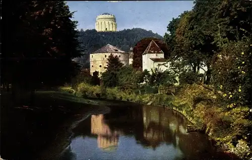 Ak Kelheim an der Donau Niederbayern, Befreiungshalle, Blick von der kleinen Donaubrücke