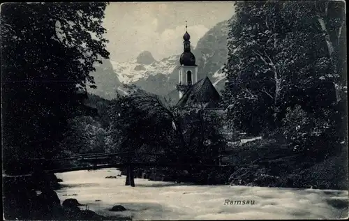 Ak Ramsau im Berchtesgadener Land Oberbayern, Brücke, Kirche