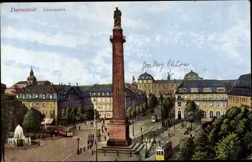 Ak Darmstadt in Hessen, Luisenplatz, Brunnen, Denkmal