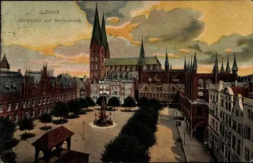 Ak Hansestadt Lübeck, Marktplatz und Marienkirche