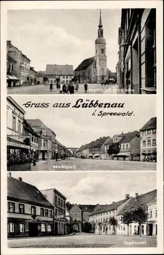 Ak Lübbenau im Spreewald, Marktplatz, Kirche, Topfmarkt