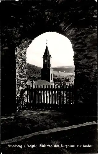 Ak Elsterberg im Vogtland, Blick von der Burgruine zur Kirche