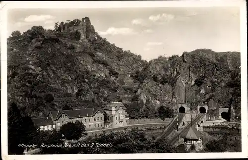 Ak Altenahr im Ahrtal, Burgruine Are mit den 3 Tunnels