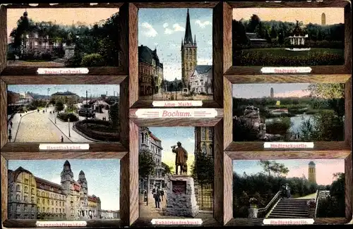 Ak Bochum im Ruhrgebiet, Baare Denkmal, Hauptbahnhof, Alter Markt, Kuhhirtendenkmal, Stadtparkpartie