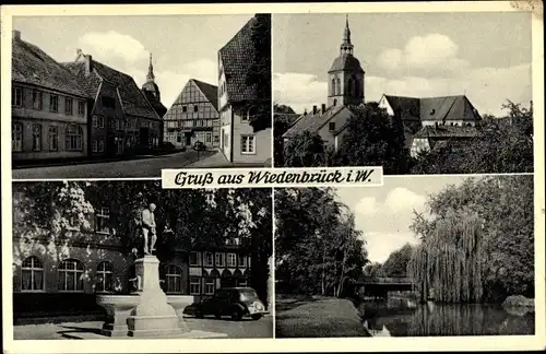 Ak Rheda Wiedenbrück in Westfalen, Denkmal, Kirche, Fachwerkhaus