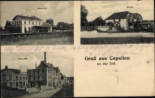 Ak Capellen an der Erft Kapellen Grevenbroich in Westfalen, Bahnhof. Mühle, Brauerei