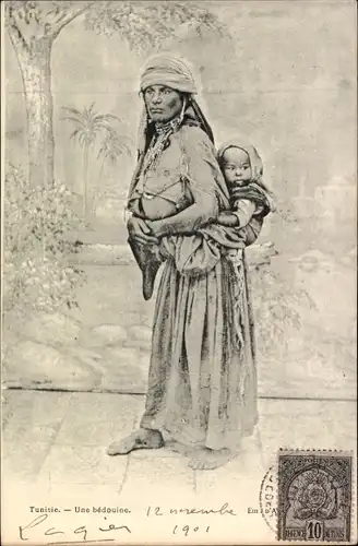 Ak Tunisie, Une bedouine, Maghreb, Frau mit Kind